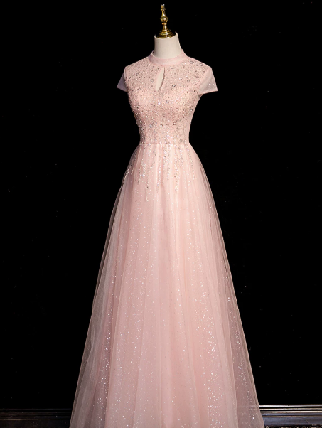Gentle Pink Prom Gown , Sequins Romantic Tulle Corset Maxi Evening Dress Birthday Dress RS1405