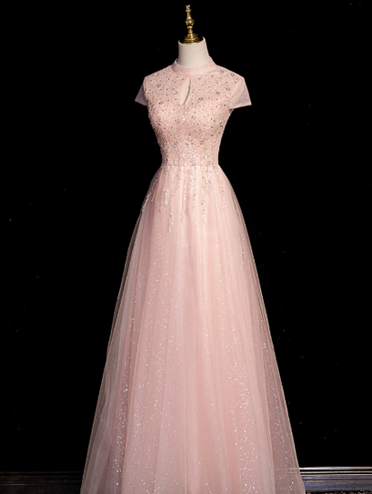 Gentle Pink Prom Gown , Sequins Romantic Tulle Corset Maxi Evening Dress Birthday Dress RS1405