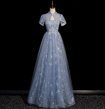 Gentle Blue Prom Gown , Sequins Tulle Embroidery Corset Maxi Evening Dress Birthday Dress RS1406