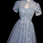 Gentle Blue Prom Gown , Sequins Tulle Embroidery Corset Maxi Evening Dress Birthday Dress RS1406