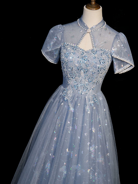 Gentle Blue Prom Gown , Sequins Tulle Embroidery Corset Maxi Evening Dress Birthday Dress RS1406