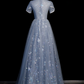 Gentle Blue Prom Gown , Sequins Tulle Embroidery Corset Maxi Evening Dress Birthday Dress RS1406