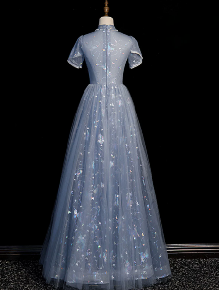 Gentle Blue Prom Gown , Sequins Tulle Embroidery Corset Maxi Evening Dress Birthday Dress RS1406