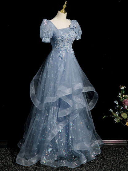 Elegant Blue Prom Gown , Sequins Tulle Glitter Corset Maxi Evening Dress Birthday Dress RS1407