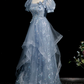 Elegant Blue Prom Gown , Sequins Tulle Glitter Corset Maxi Evening Dress Birthday Dress RS1407