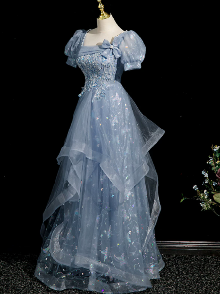Elegant Blue Prom Gown , Sequins Tulle Glitter Corset Maxi Evening Dress Birthday Dress RS1407