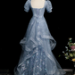 Elegant Blue Prom Gown , Sequins Tulle Glitter Corset Maxi Evening Dress Birthday Dress RS1407
