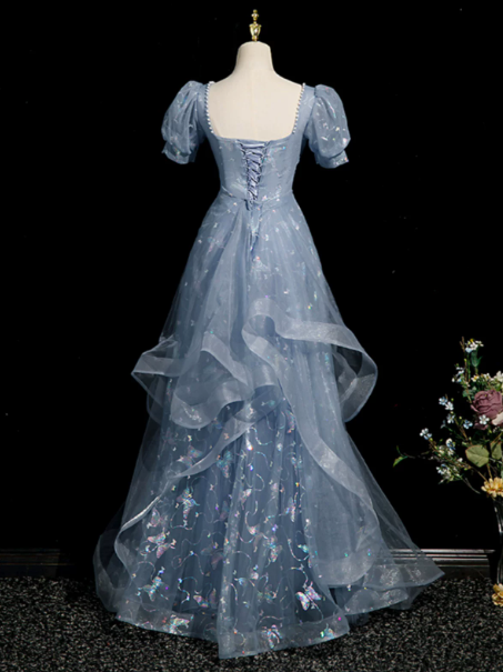 Elegant Blue Prom Gown , Sequins Tulle Glitter Corset Maxi Evening Dress Birthday Dress RS1407