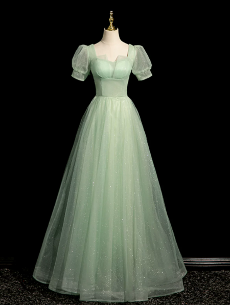 Elegant Green Prom Gown , Puff Sleeves Tulle Corset Maxi Evening Dress RS1408