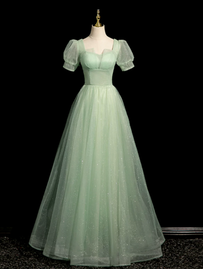 Elegant Green Prom Gown , Puff Sleeves Tulle Corset Maxi Evening Dress RS1408