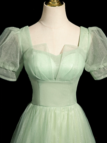 Elegant Green Prom Gown , Puff Sleeves Tulle Corset Maxi Evening Dress RS1408