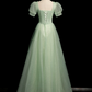 Elegant Green Prom Gown , Puff Sleeves Tulle Corset Maxi Evening Dress RS1408