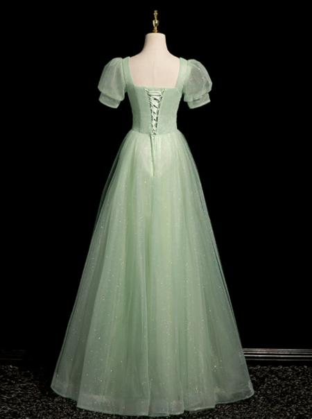 Elegant Green Prom Gown , Puff Sleeves Tulle Corset Maxi Evening Dress RS1408