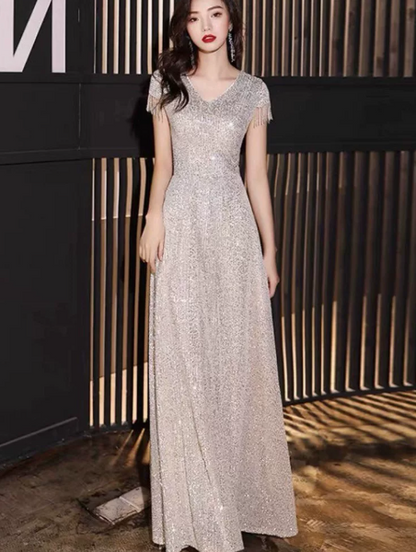 Elegant Sliver Prom Gown , Sequins Glitter Corset Maxi Evening Dress RS1409