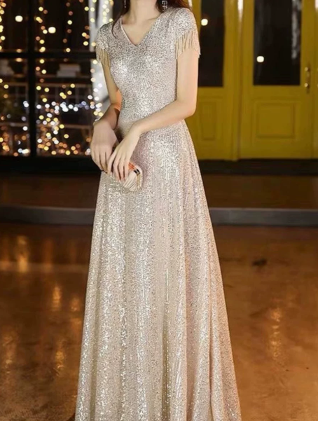 Elegant Sliver Prom Gown , Sequins Glitter Corset Maxi Evening Dress RS1409