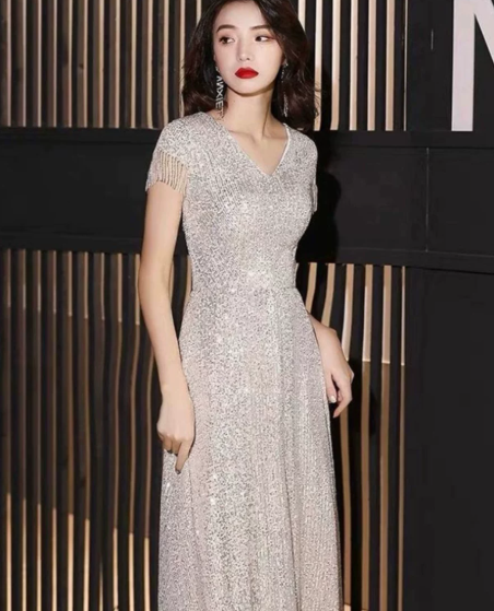 Elegant Sliver Prom Gown , Sequins Glitter Corset Maxi Evening Dress RS1409