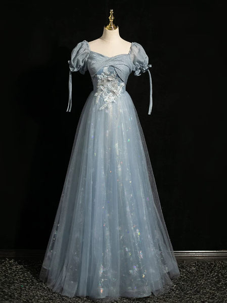 Sparkly Blue Prom Gown , Sequins Elegant Applique Corset Maxi Evening Dress RS1410
