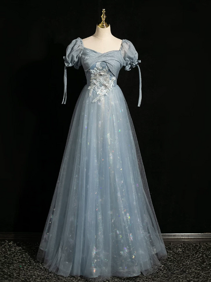 Sparkly Blue Prom Gown , Sequins Elegant Applique Corset Maxi Evening Dress RS1410