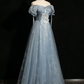 Sparkly Blue Prom Gown , Sequins Elegant Applique Corset Maxi Evening Dress RS1410