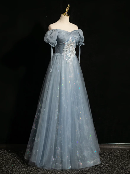 Sparkly Blue Prom Gown , Sequins Elegant Applique Corset Maxi Evening Dress RS1410