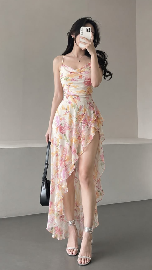 Flowy Floral Prom Gown , Chiffon Asymmetrical Hem Corset Maxi Summer Dress Cami Dress RS1411