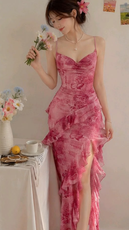 Romantic Hot Pink Prom Gown , Chiffon Flowy High-slit Corset Maxi Party Dress Cami Dress RS1414