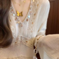 Green v-neck long-sleeved dress, niche style, no-collar retro waist temperament long skirt R0473