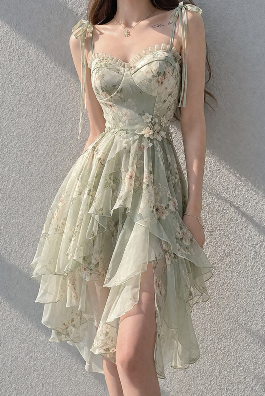 Fresh Bud Green Prom Gown , Chiffon Flowy Floral Corset Maxi Party Dress Cami Dress RS1415