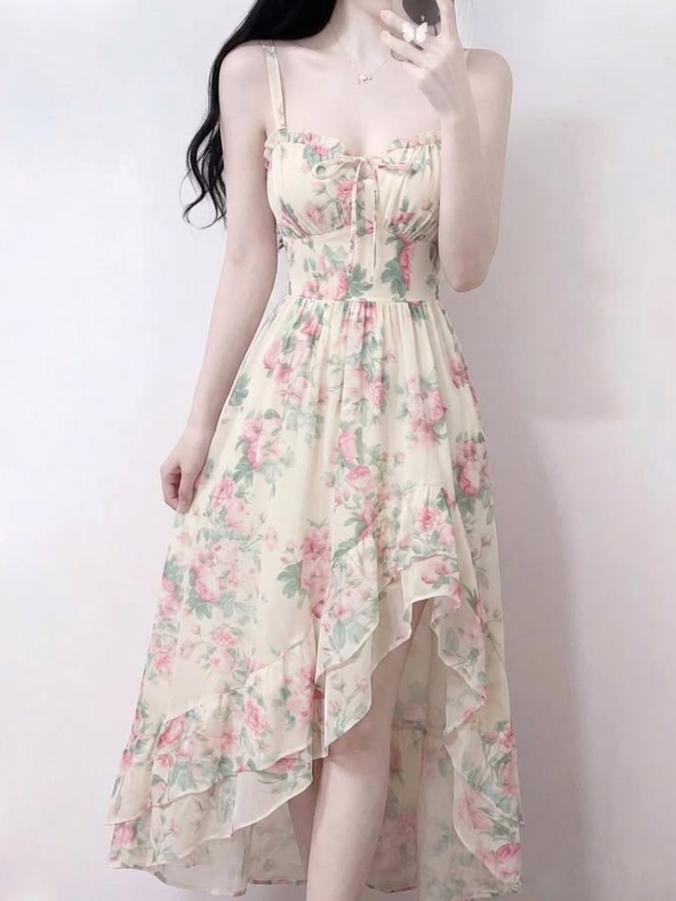 Gentle Ivory Prom Gown , Chiffon Flowy Floral Corset Maxi Party Dress Cami Dress RS1416