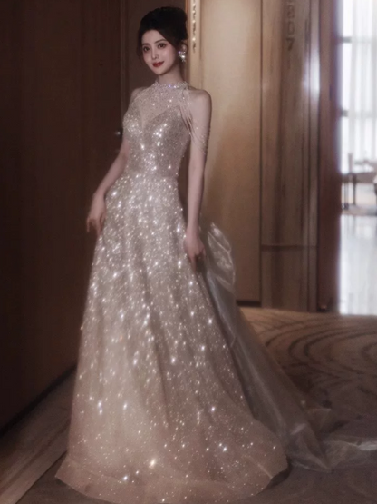 Gorgeous Champagne Prom Gown , Glitter Sequins Tulle Corset Maxi Evening Dress RS1417