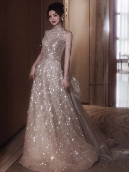 Gorgeous Champagne Prom Gown , Glitter Sequins Tulle Corset Maxi Evening Dress RS1417