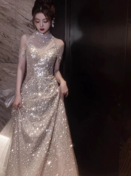 Gorgeous Champagne Prom Gown , Glitter Sequins Tulle Corset Maxi Evening Dress RS1417