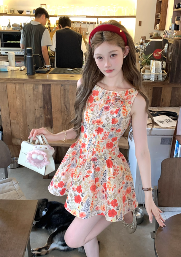 Women's summer French retro printed waist suspender dress R4824