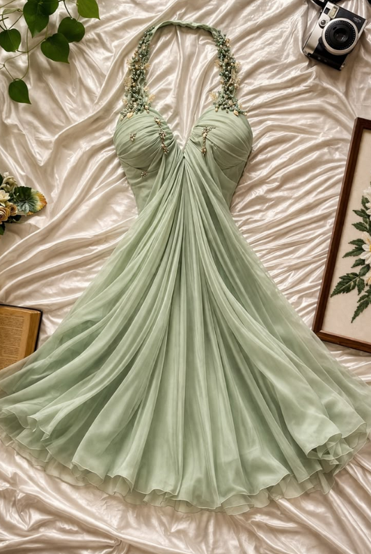 Fresh Green Prom Gown , Flowy Chiffon Corset Midi Summer Dress RS1418