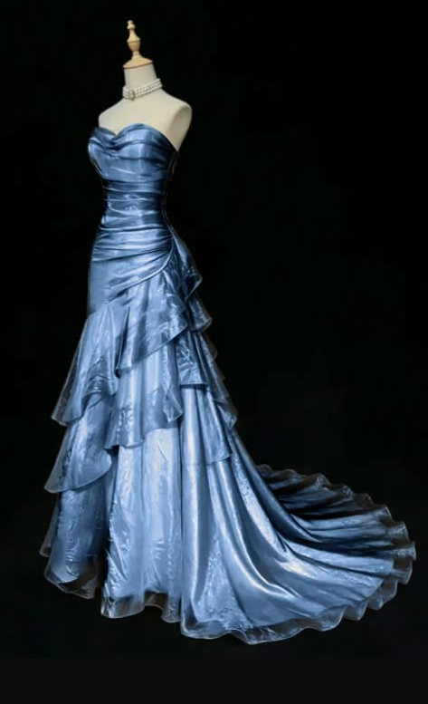Sparkly Royal Blue Prom Gown , Silky Satin Frilled Bodycon Maxi Evening Dress RS1420