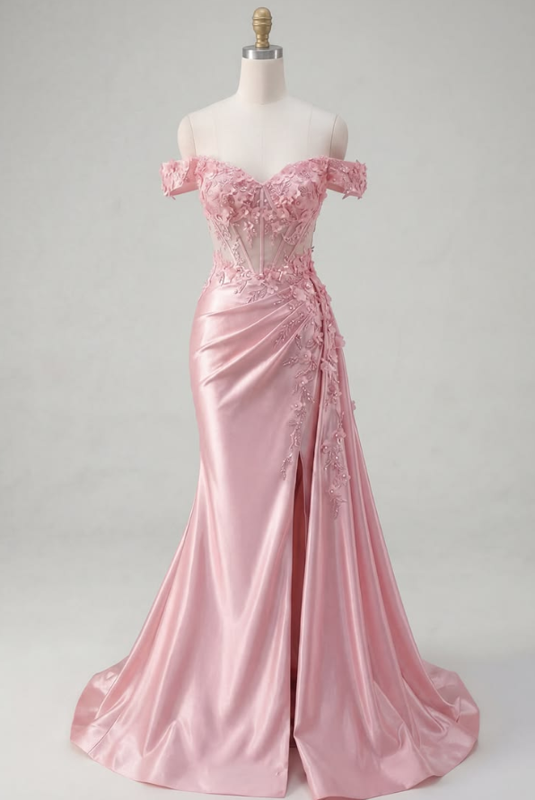 Sparkly Rink Prom Gown , Floral Romantic High-slit Bodycon Maxi Birthday Dress RS1421