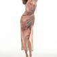 Pure desire style off-shoulder printed dress 2025 slim fit hip-wrapped slit holiday dress R1420