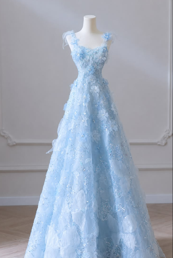 Charming Blue Prom Gown , 3D Floral Romantic Corset Maxi Birthday Dress RS1422