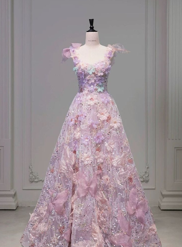 Sparkly Lavender Prom Gown , 3D Floral Romantic Corset Maxi Birthday Dress RS1423