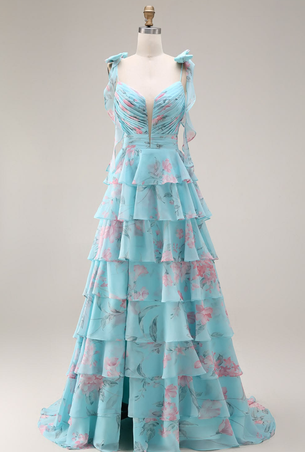 Blue Floral Prom Gown , Flowy Frilled Corset Maxi Summer Dress Cami Dress RS1424