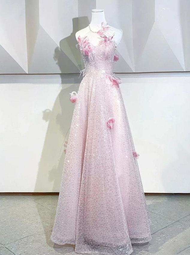 Elegant Blush Pink Prom Gown , Glitter Tulle Applique Corset Maxi Birthday Dress RS1425