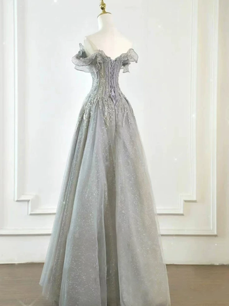 Elegant Sliver Prom Gown , Glitter Tulle Sequins Corset Maxi Evening Dress RS1426