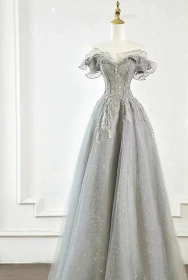 Elegant Sliver Prom Gown , Glitter Tulle Sequins Corset Maxi Evening Dress RS1426