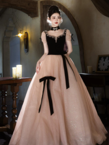 Elegant Contrast Prom Gown , Glitter Tulle Corset Maxi Evening Dress Ball Gown RS1427
