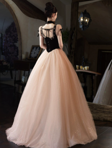 Elegant Contrast Prom Gown , Glitter Tulle Corset Maxi Evening Dress Ball Gown RS1427