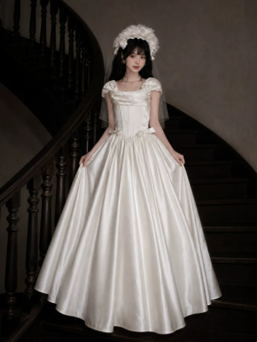 Elegant White A-Line Puff Sleeves Square-neck Silky Corset Maxi Wedding Dress RS1430