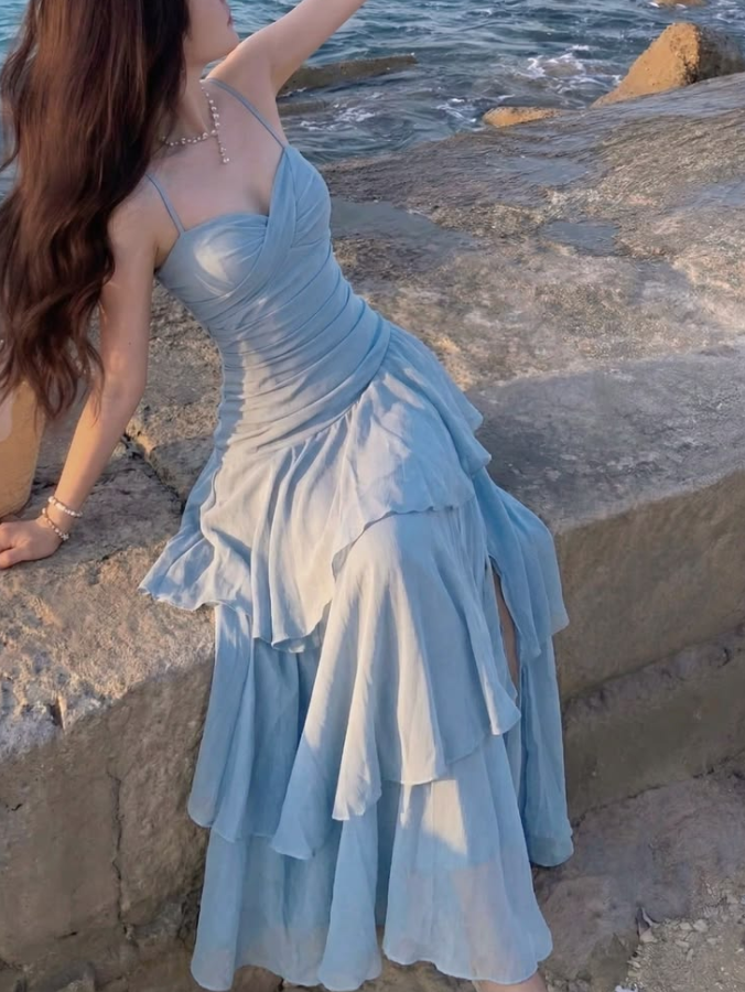 Ruffled Blue Prom Gown , Flowy Chiffon Corset Maxi Summer Dress Cami Dress RS1429