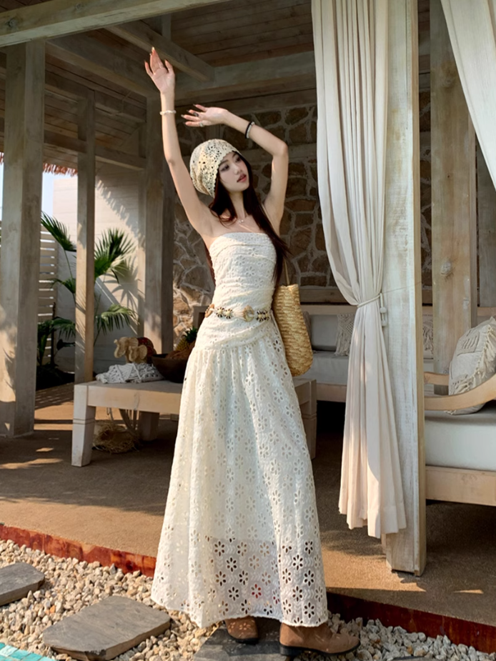 Gentle white moonlight dress hollow embroidery unique waist skirt wear tube top skirt R1704