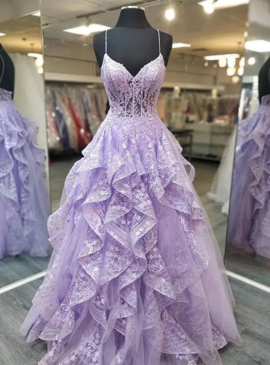 Princess Style Lilac A-Line Spaghetti Straps Long Women Dress with Applique Evening Dress Birthday Dress RS125