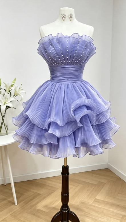 Niche Purple Homecoming Dress , Beaded Tulle Tiered Corset Mini Party Dress RS1463